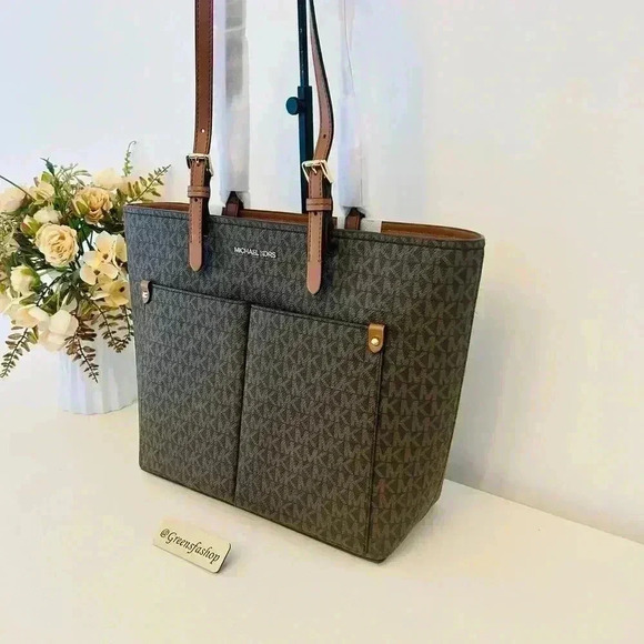 Michael Kors Purse & Wallet Jet Set Travel Tote Double Pocket Brown Signature MK - Picture 3 of 12